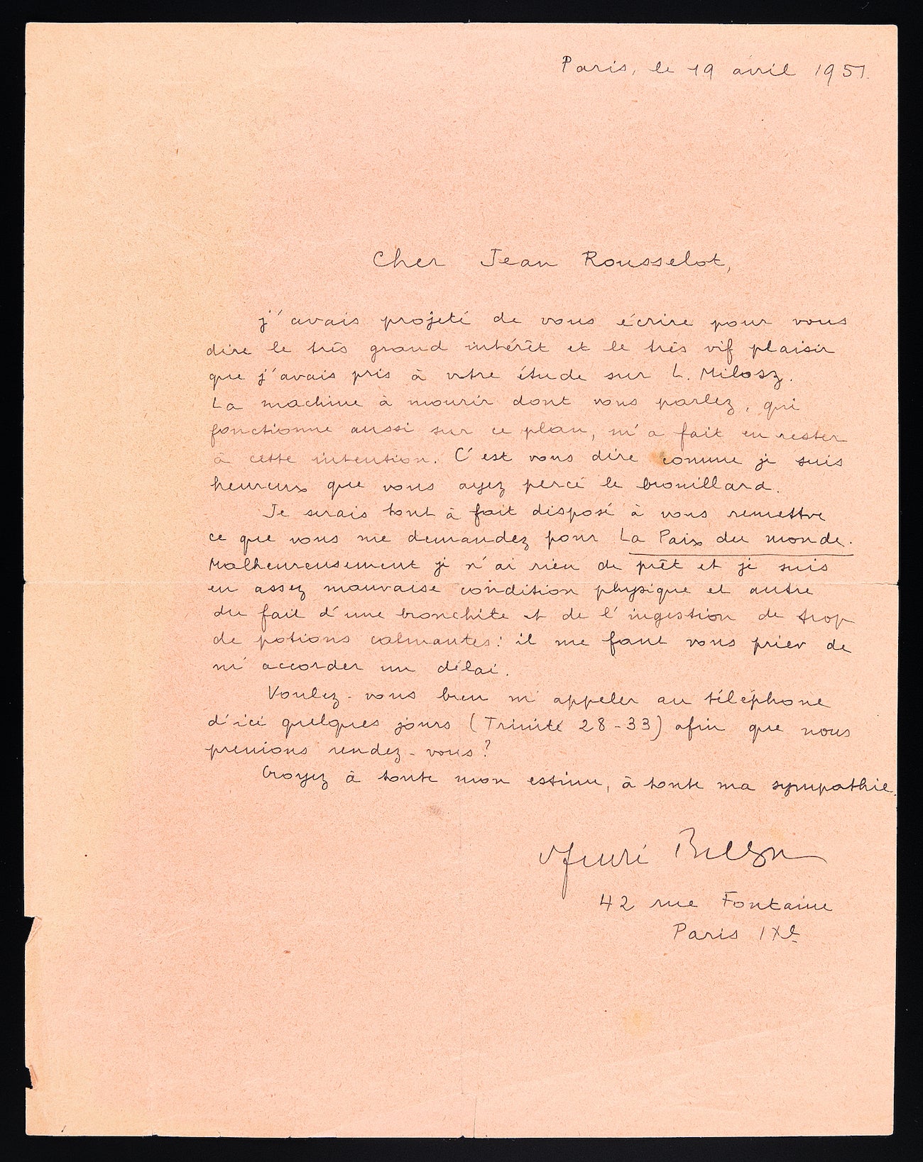 Lettre autographe signée à Jean Rousselot