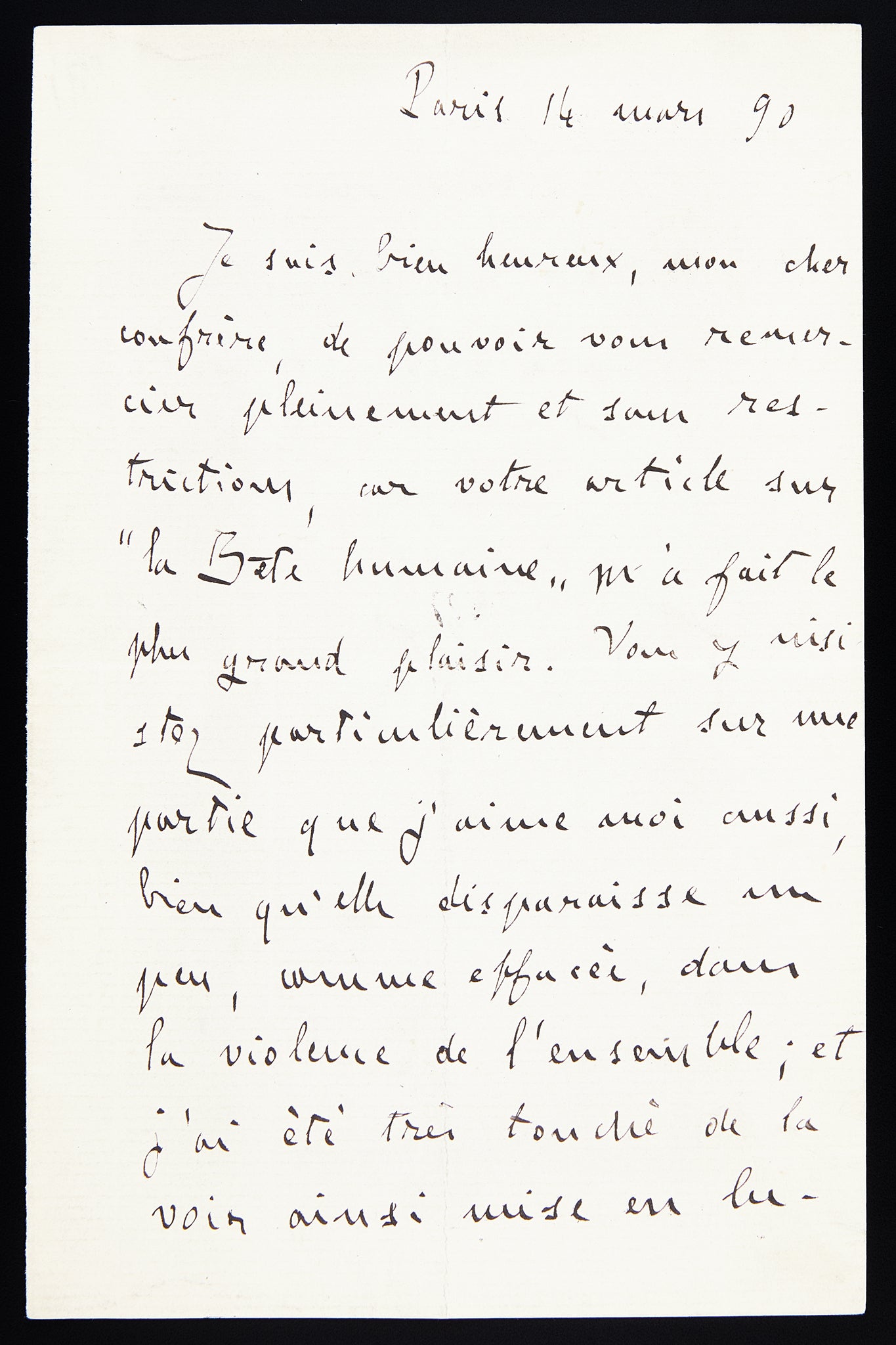 Lettre autographe Émile Zola au sujet de La Bête humaine - destinataire inconnu