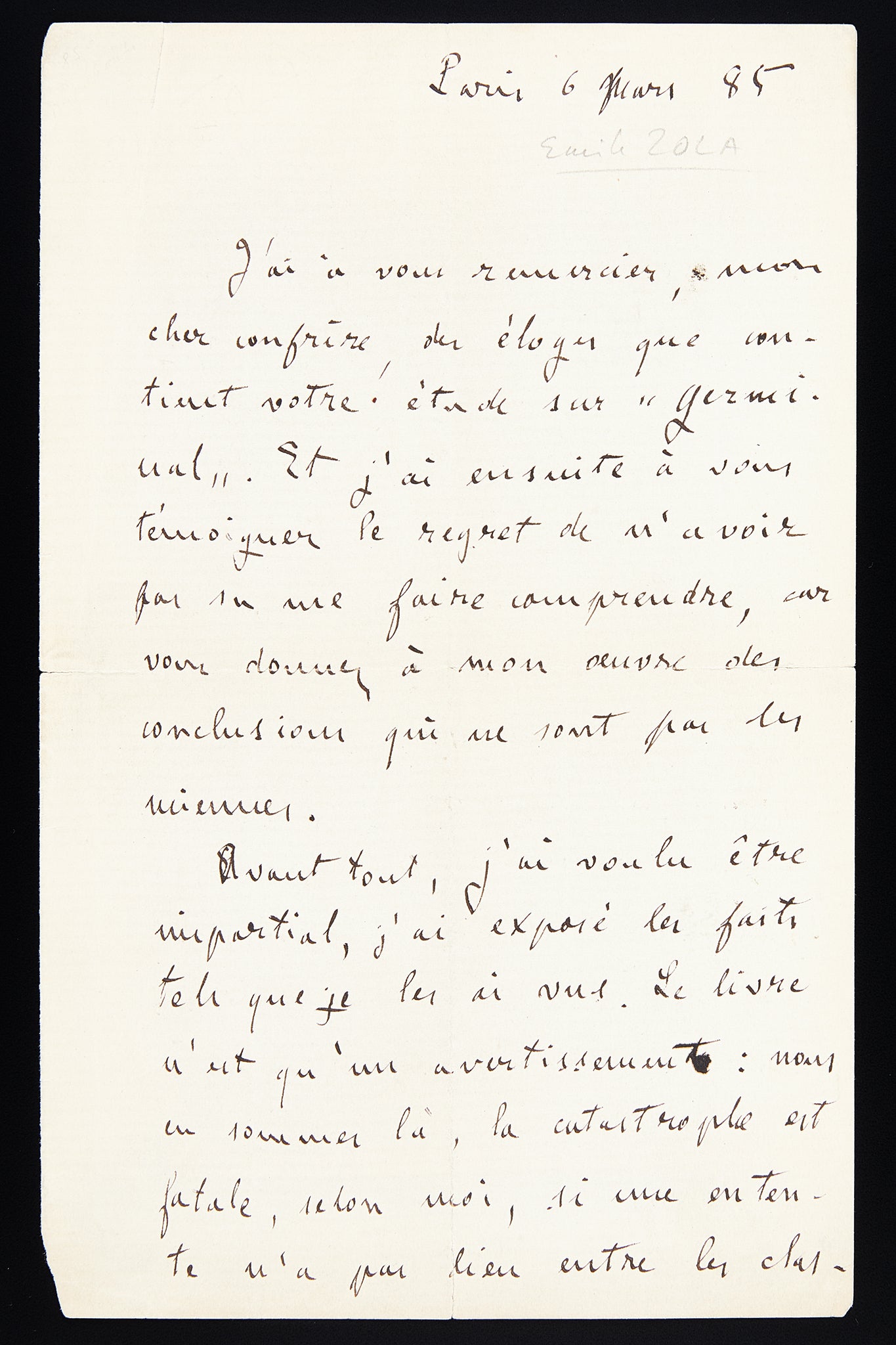 Lettre autographe Émile Zola au critique littéraire Hippolyte Fournier au sujet de Germinal