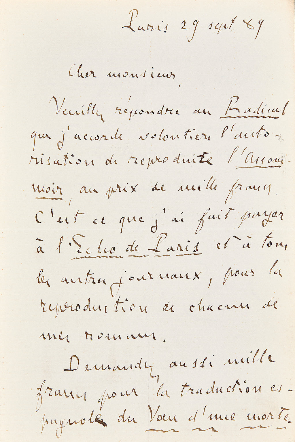 Lettre autographe Émile Zola au sujet de L'Assommoir - destinataire inconnu
