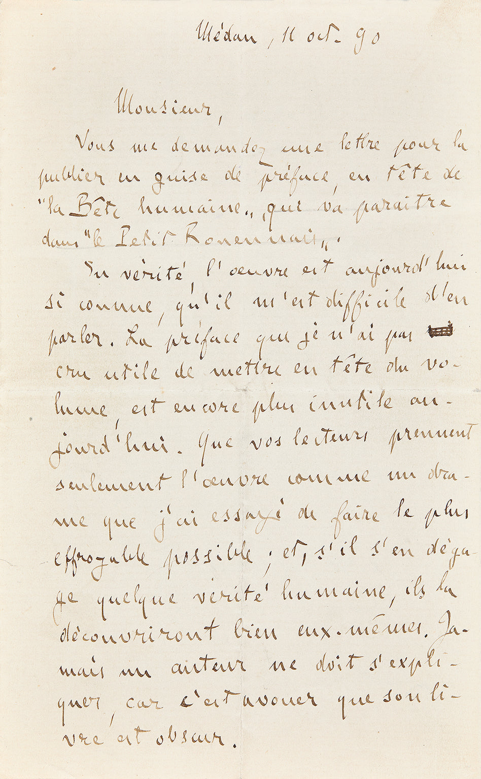 Lettre autographe Émile Zola à David Dautresme au sujet de La bête humaine