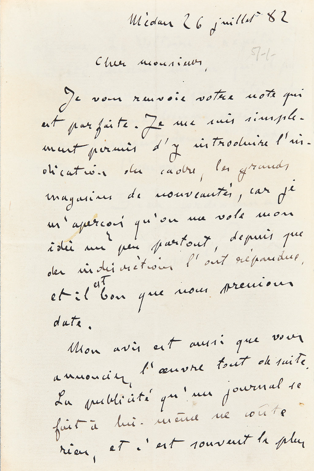 Lettre autographe Émile Zola à Auguste Dumont au sujet du Bonheur des dames