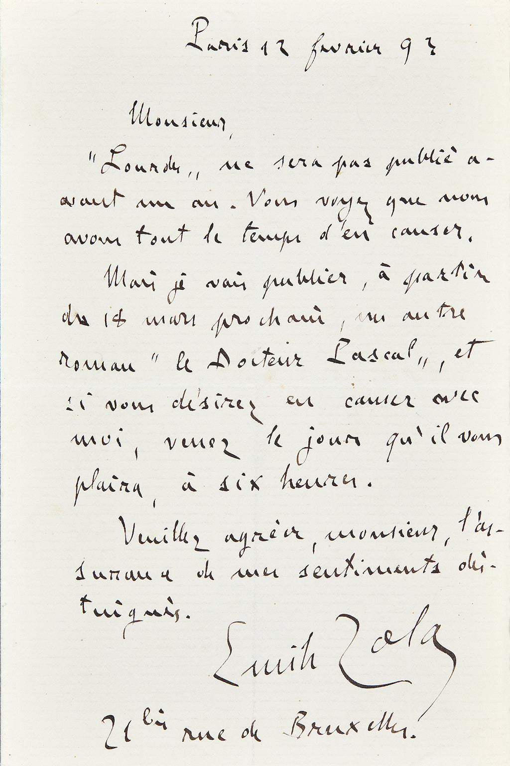Lettre autographe Émile Zola au sujet du Docteur Pascal - destinataire inconnu