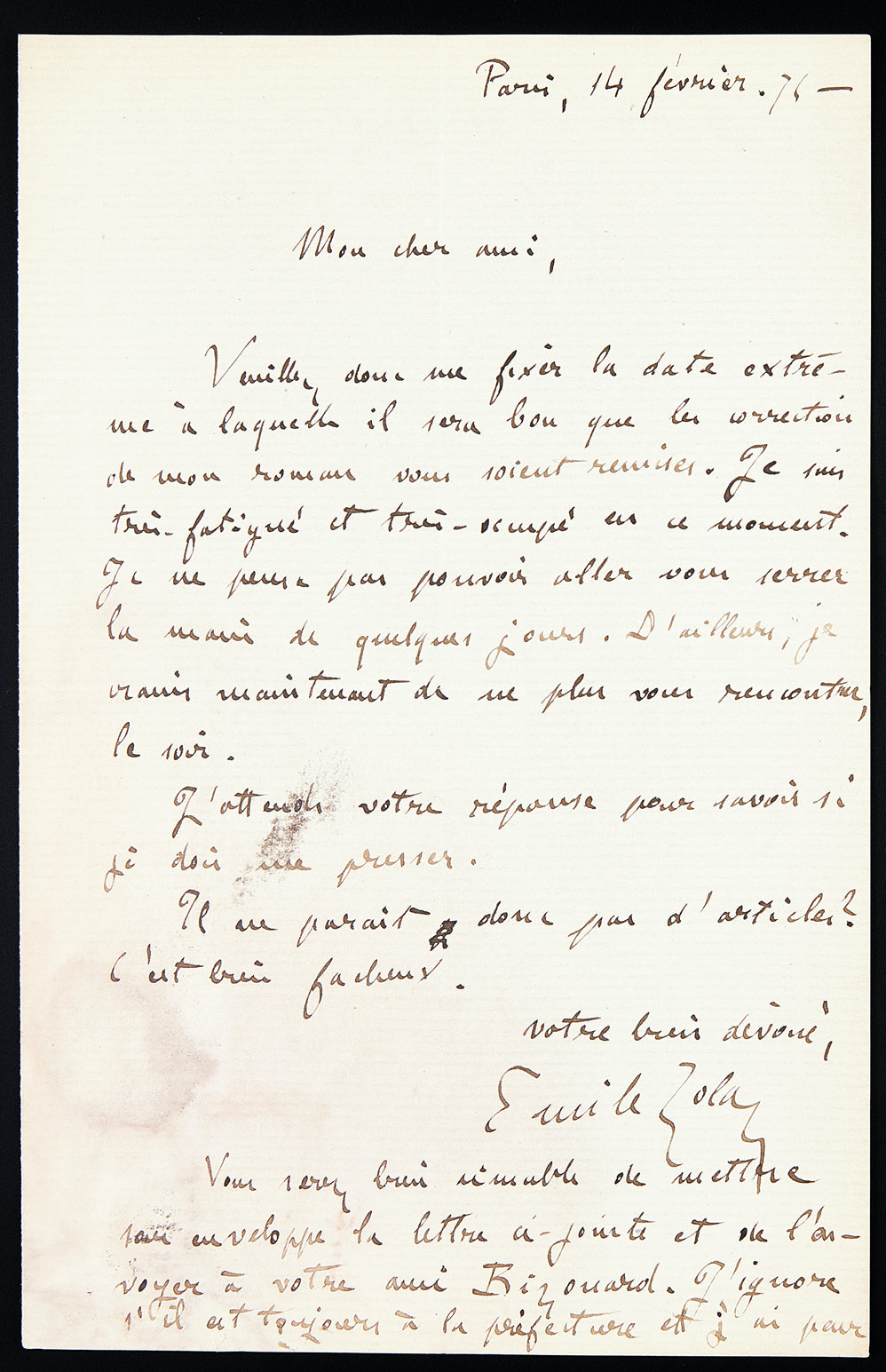 Lettre autographe signée de Émile Zola à son éditeur Charpentier au sujet de Son Excellence Eugène Rougon