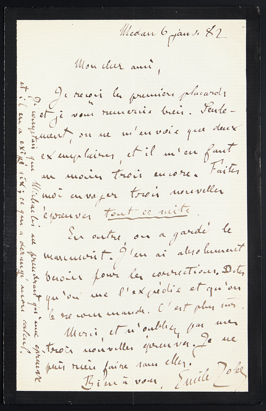 Lettre autographe signée Émile Zola à son éditeur Charpentier au sujet de Pot-bouille