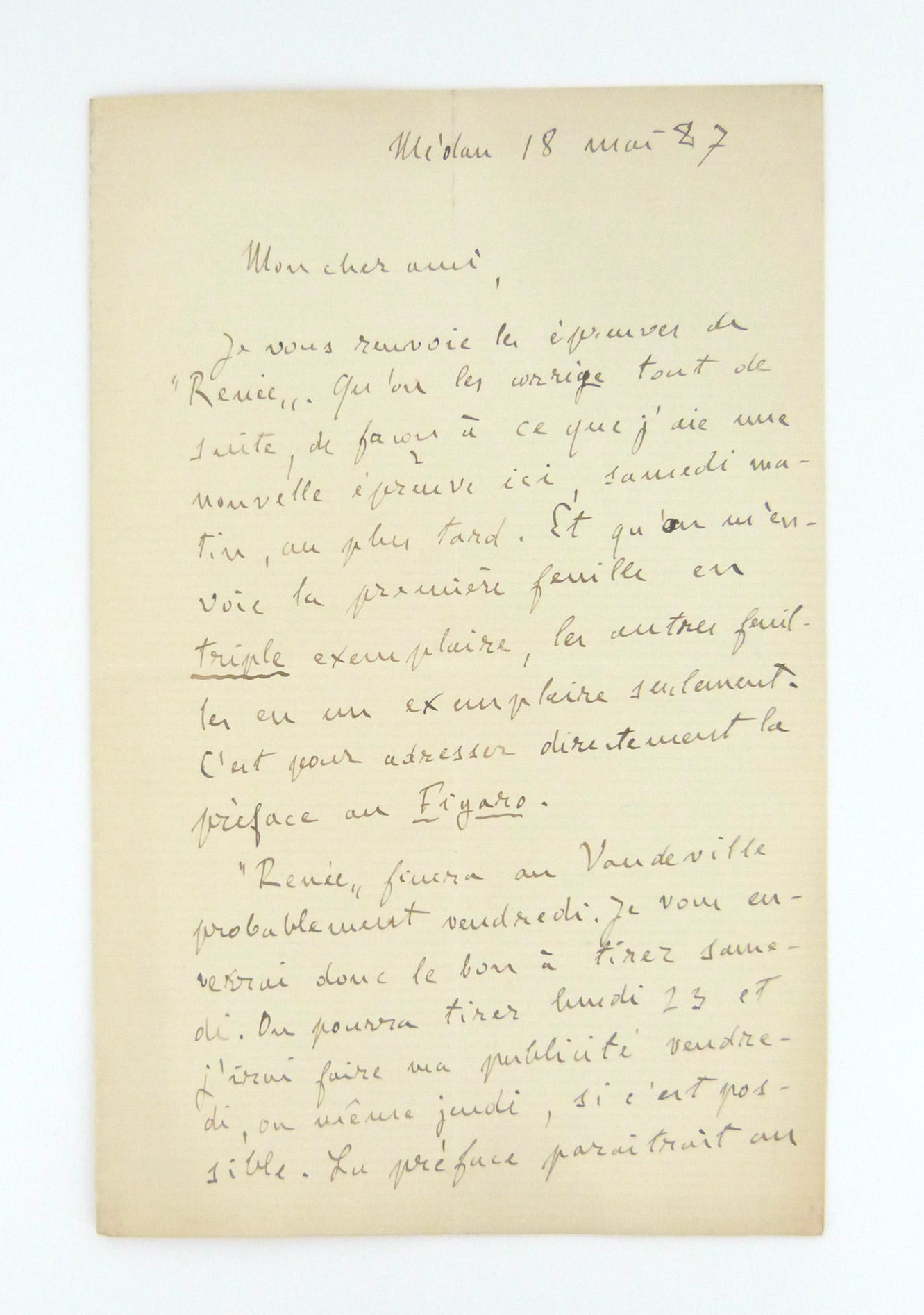 Lettre autographe Émile Zola à Charpentier au sujet de Renée