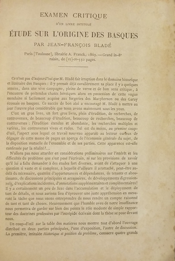 Examen critique d'un livre intitulé Étude sur l'origine des Basques par Jean-François Bladé