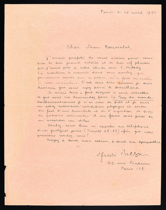 Lettre autographe signée à Jean Rousselot