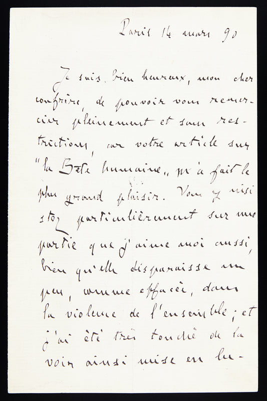 Lettre autographe Émile Zola au sujet de La Bête humaine - destinataire inconnu