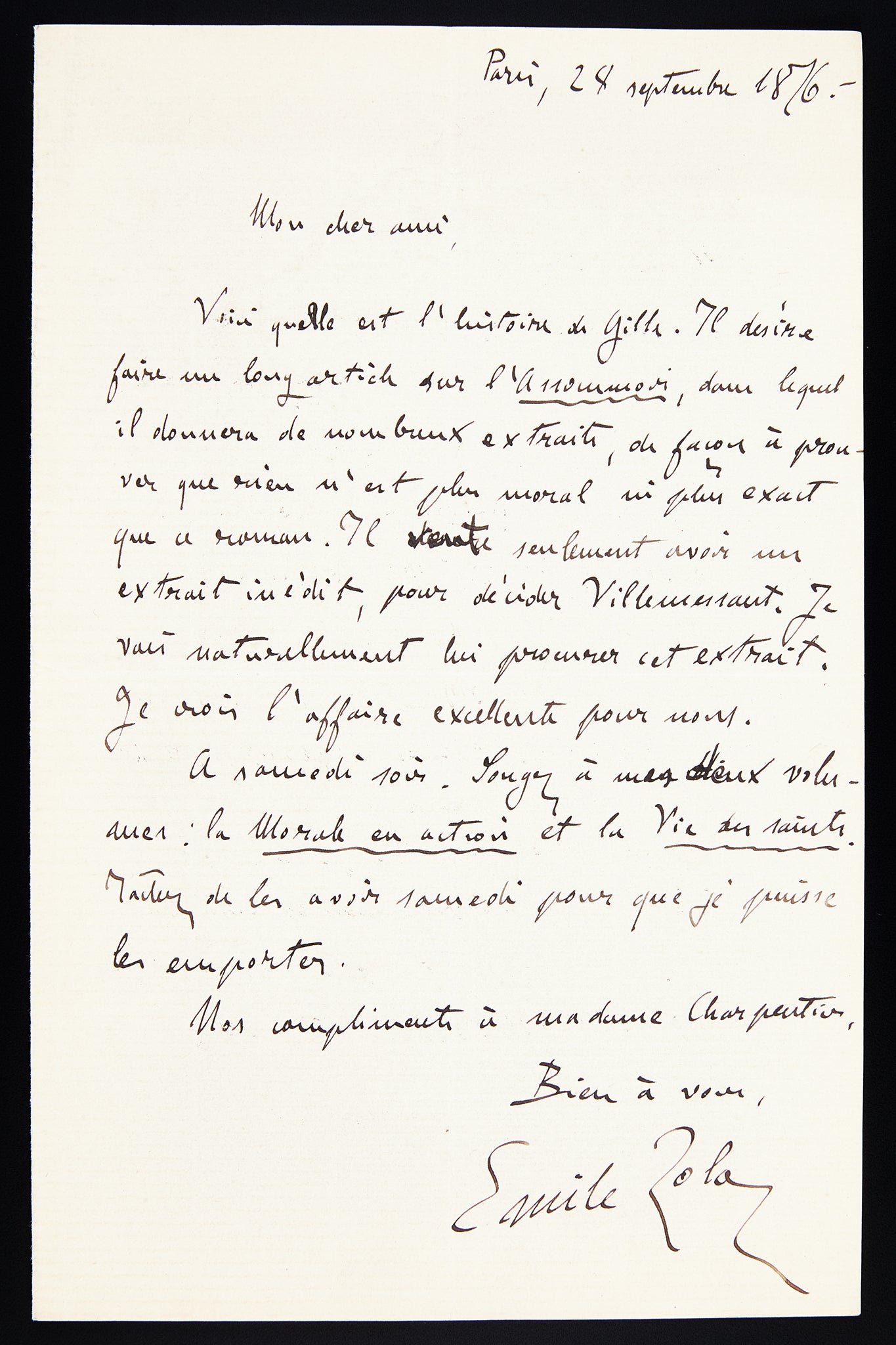 Lettre autographe signée Émile Zola à son éditeur Charpentier au sujet de L'Assommoir