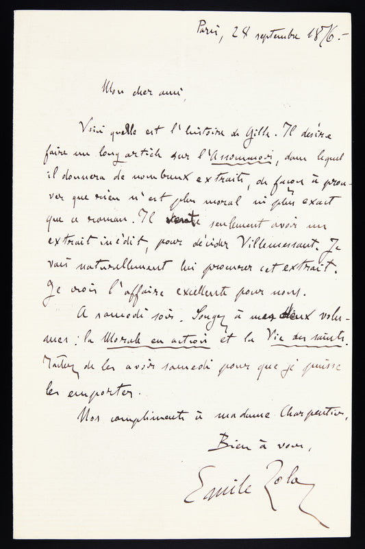 Lettre autographe signée Émile Zola à son éditeur Charpentier au sujet de L'Assommoir