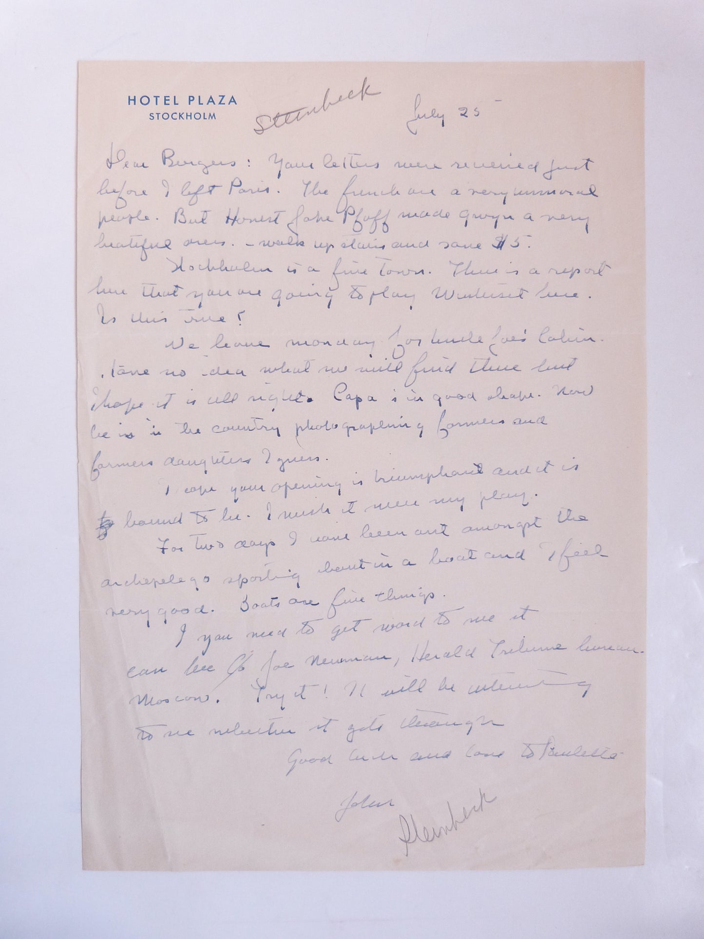 Lettre autographe signée par John STEINBECK