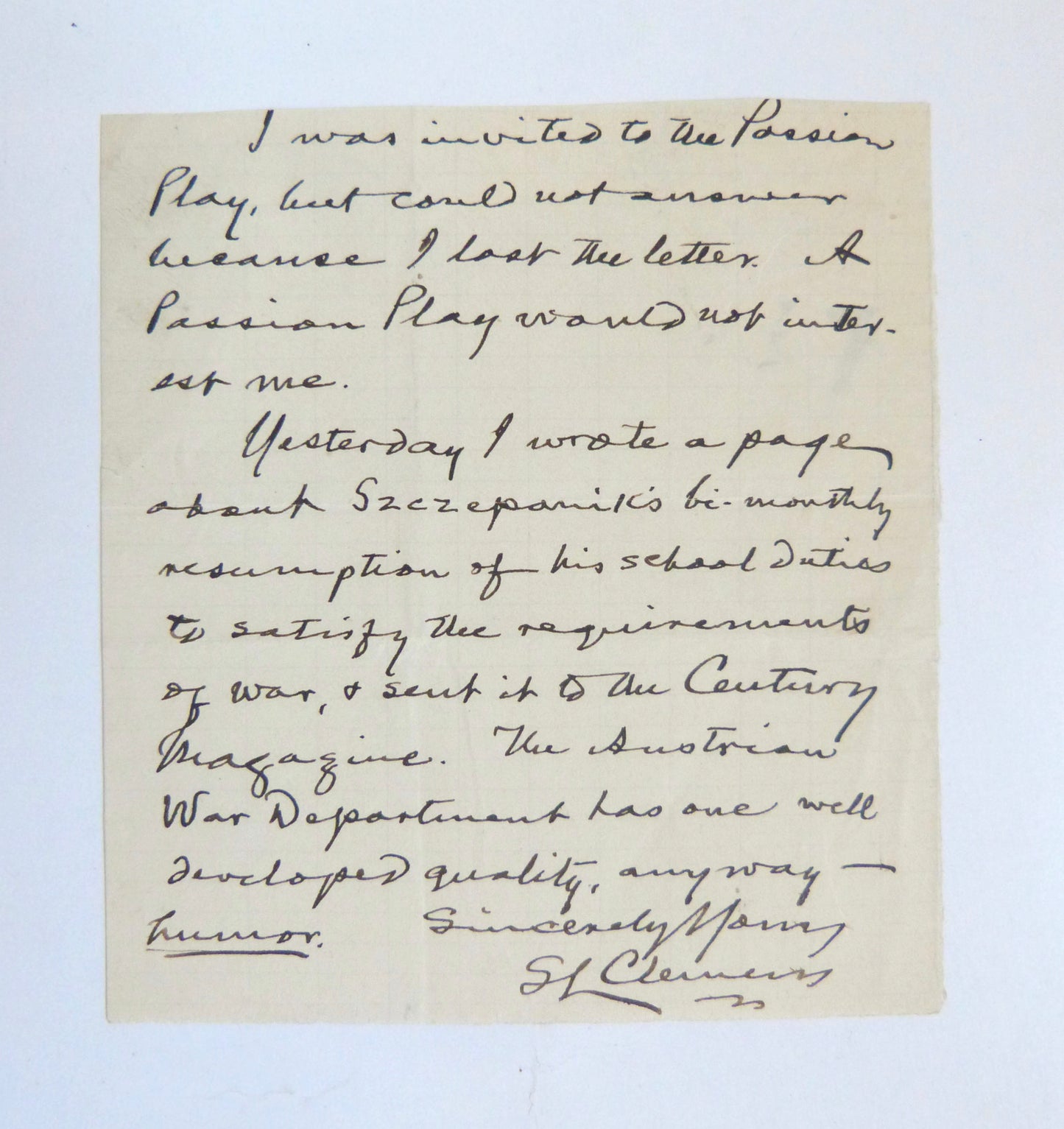 Lettre autographe signée de Mark Twain au sujet du "Edison autrichien"