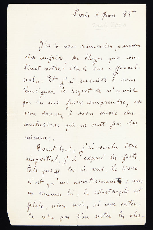 Lettre autographe Émile Zola au critique littéraire Hippolyte Fournier au sujet de Germinal
