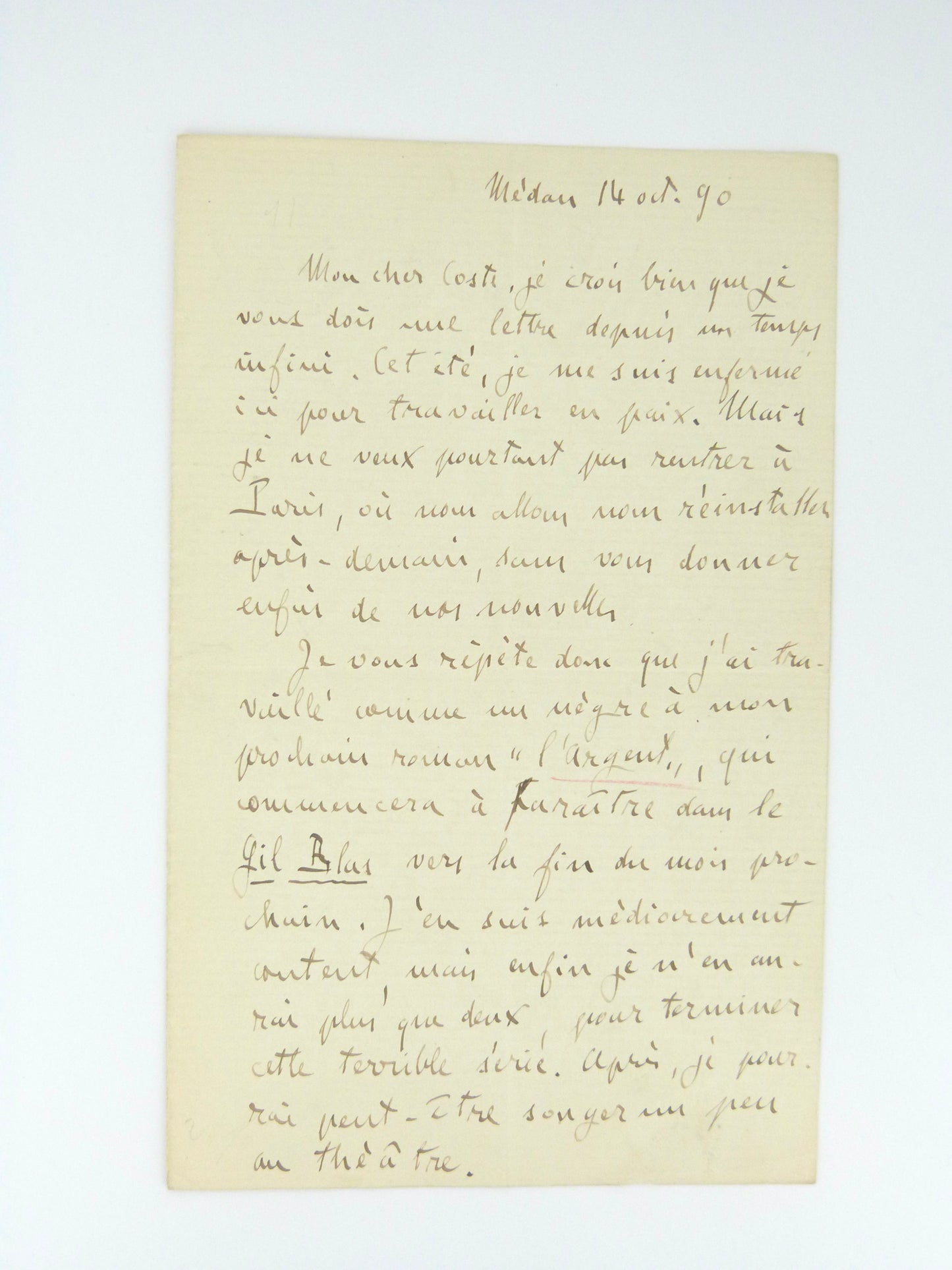 Lettre autographe Émile Zola à Numa Coste au sujet de L'Argent