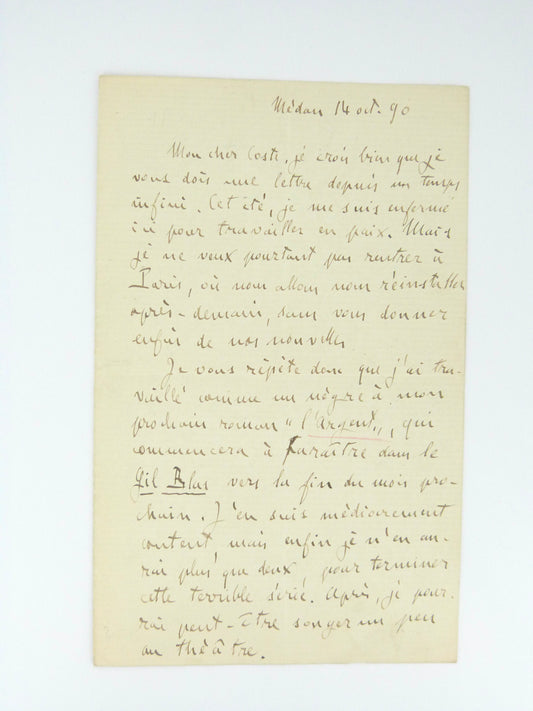 Lettre autographe Émile Zola à Numa Coste au sujet de L'Argent