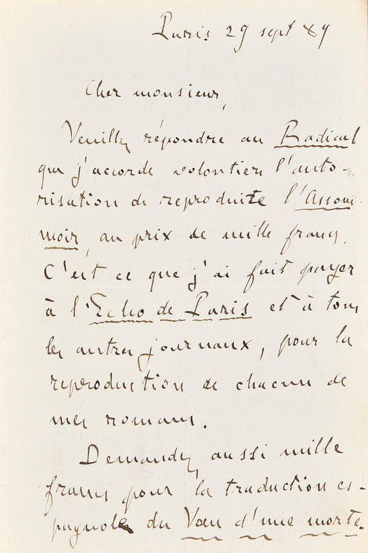 Lettre autographe Émile Zola au sujet de L'Assommoir - destinataire inconnu