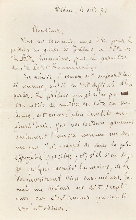 Lettre autographe Émile Zola à David Dautresme au sujet de La bête humaine