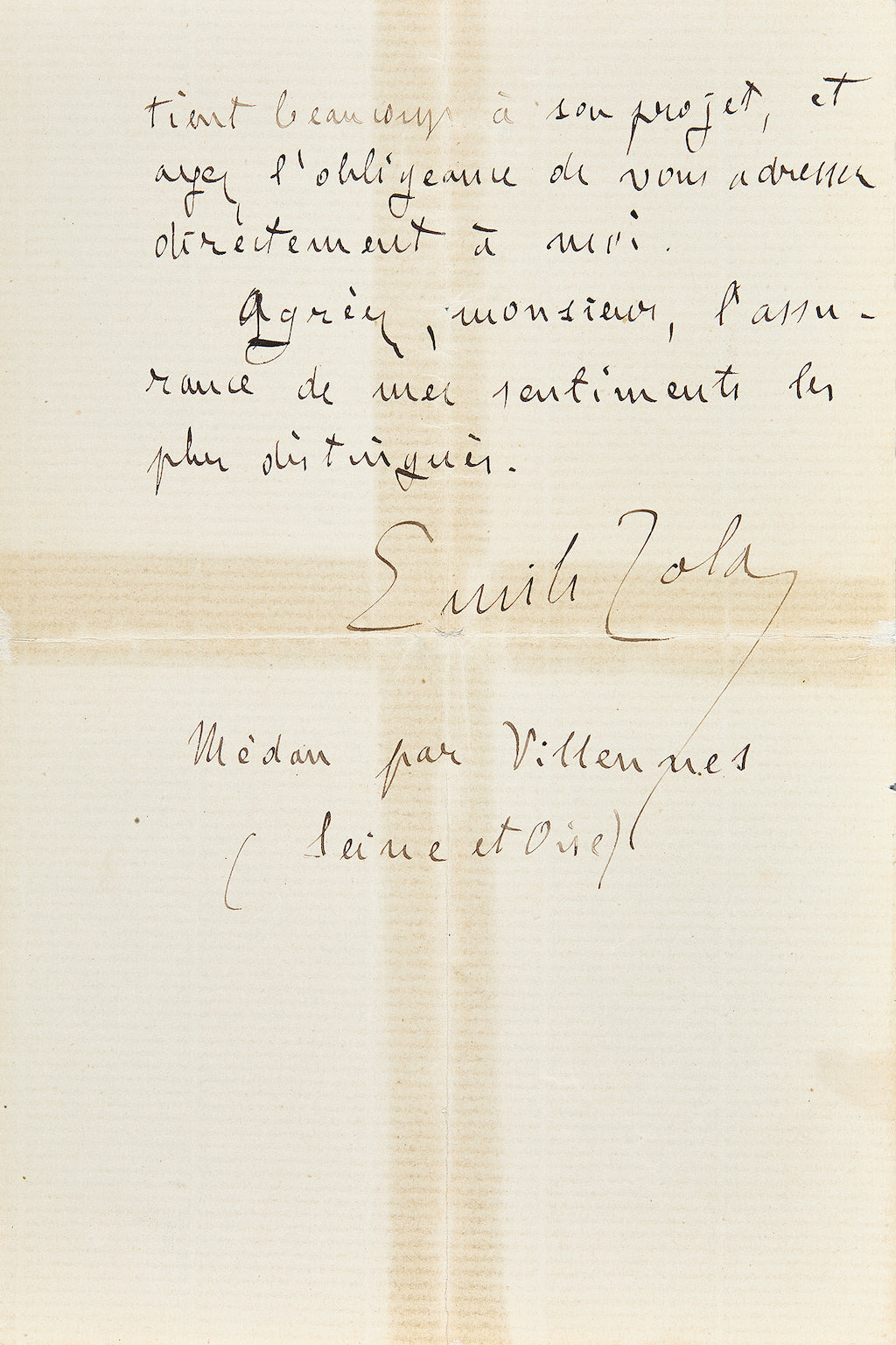 Lettre autographe Émile Zola au sujet du Bonheur des dames - destinataire inconnu