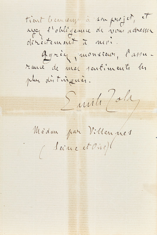 Lettre autographe Émile Zola au sujet du Bonheur des dames - destinataire inconnu