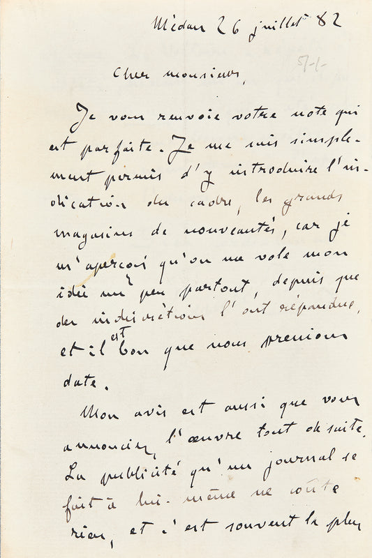 Lettre autographe Émile Zola à Auguste Dumont au sujet du Bonheur des dames