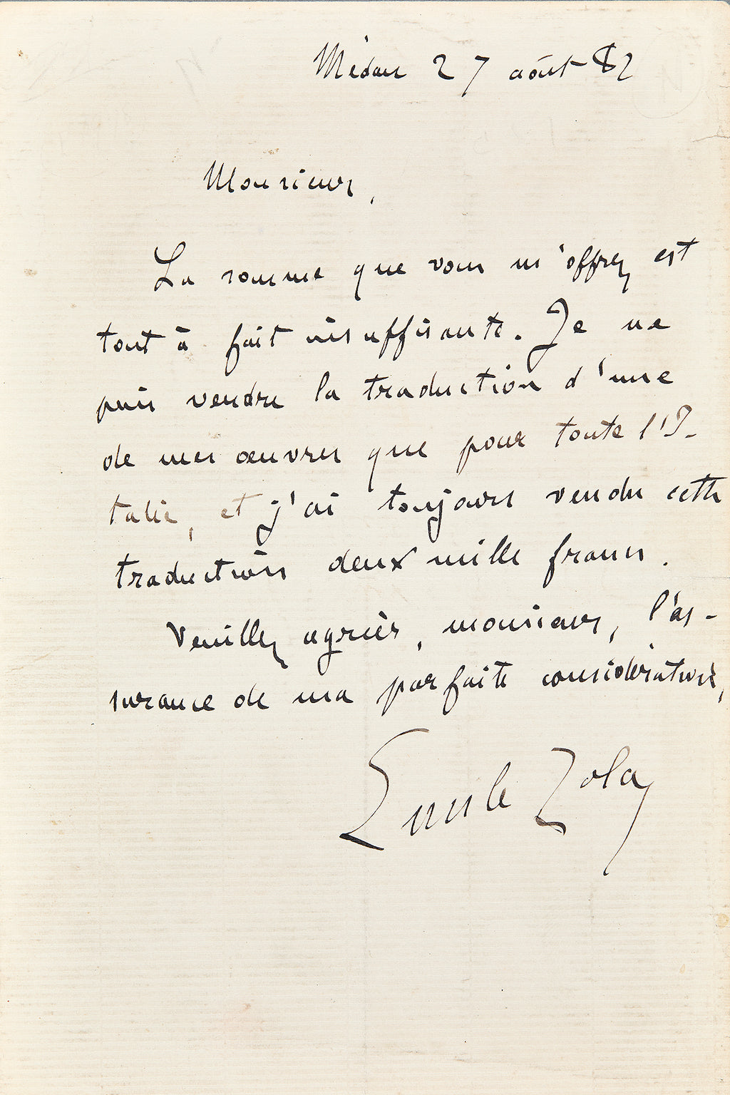 Lettre autographe Émile Zola à Auguste Cagliari au sujet du Bonheur des dames