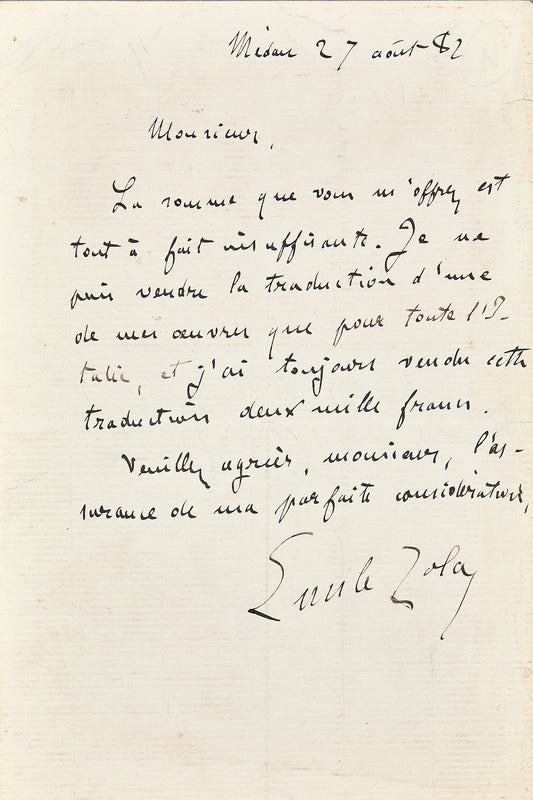 Lettre autographe Émile Zola à Auguste Cagliari au sujet du Bonheur des dames