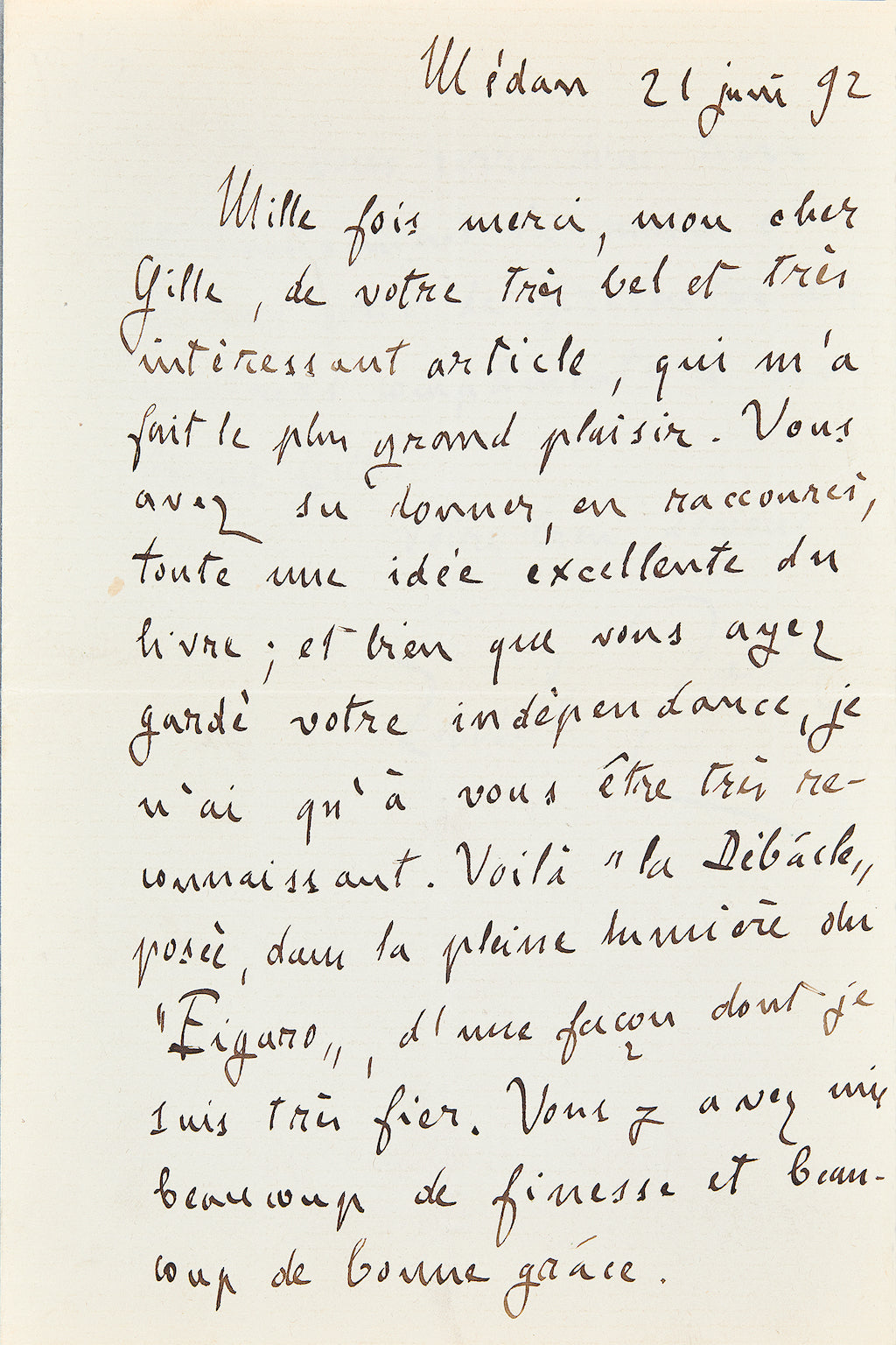 Lettre autographe Émile Zola à Philippe Gille au sujet de La Débâcle