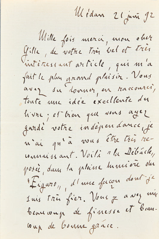 Lettre autographe Émile Zola à Philippe Gille au sujet de La Débâcle