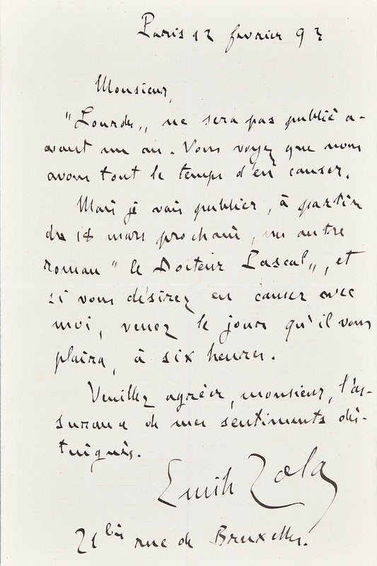 Lettre autographe Émile Zola au sujet du Docteur Pascal - destinataire inconnu