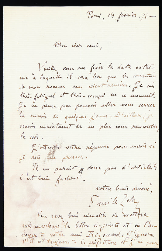 Lettre autographe signée de Émile Zola à son éditeur Charpentier au sujet de Son Excellence Eugène Rougon