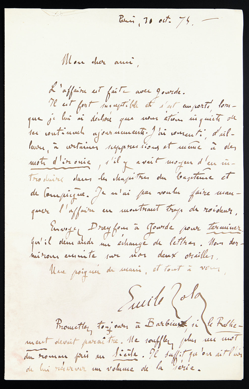 Lettre autographe signée de Émile Zola à son éditeur Charpentier au sujet de Son Excellence Eugène Rougon