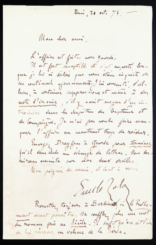 Lettre autographe signée de Émile Zola à son éditeur Charpentier au sujet de Son Excellence Eugène Rougon