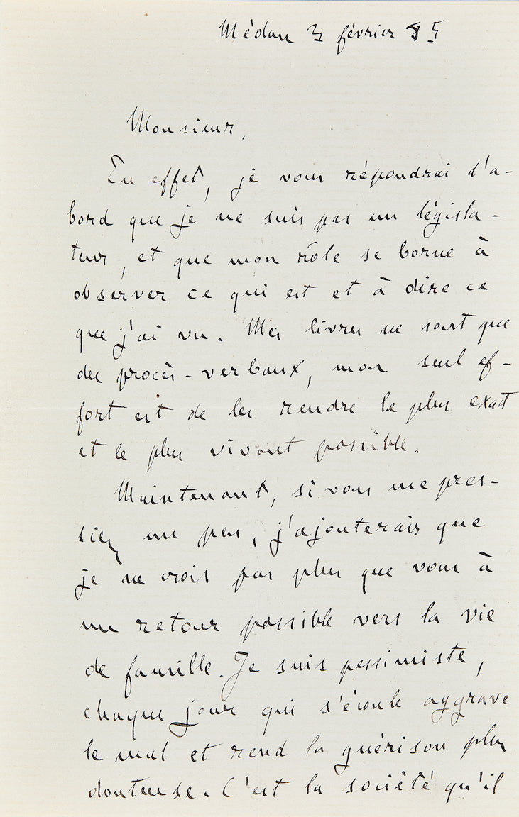 Lettre autographe Émile Zola au sujet des Rougon-Macquart - destinataire inconnu