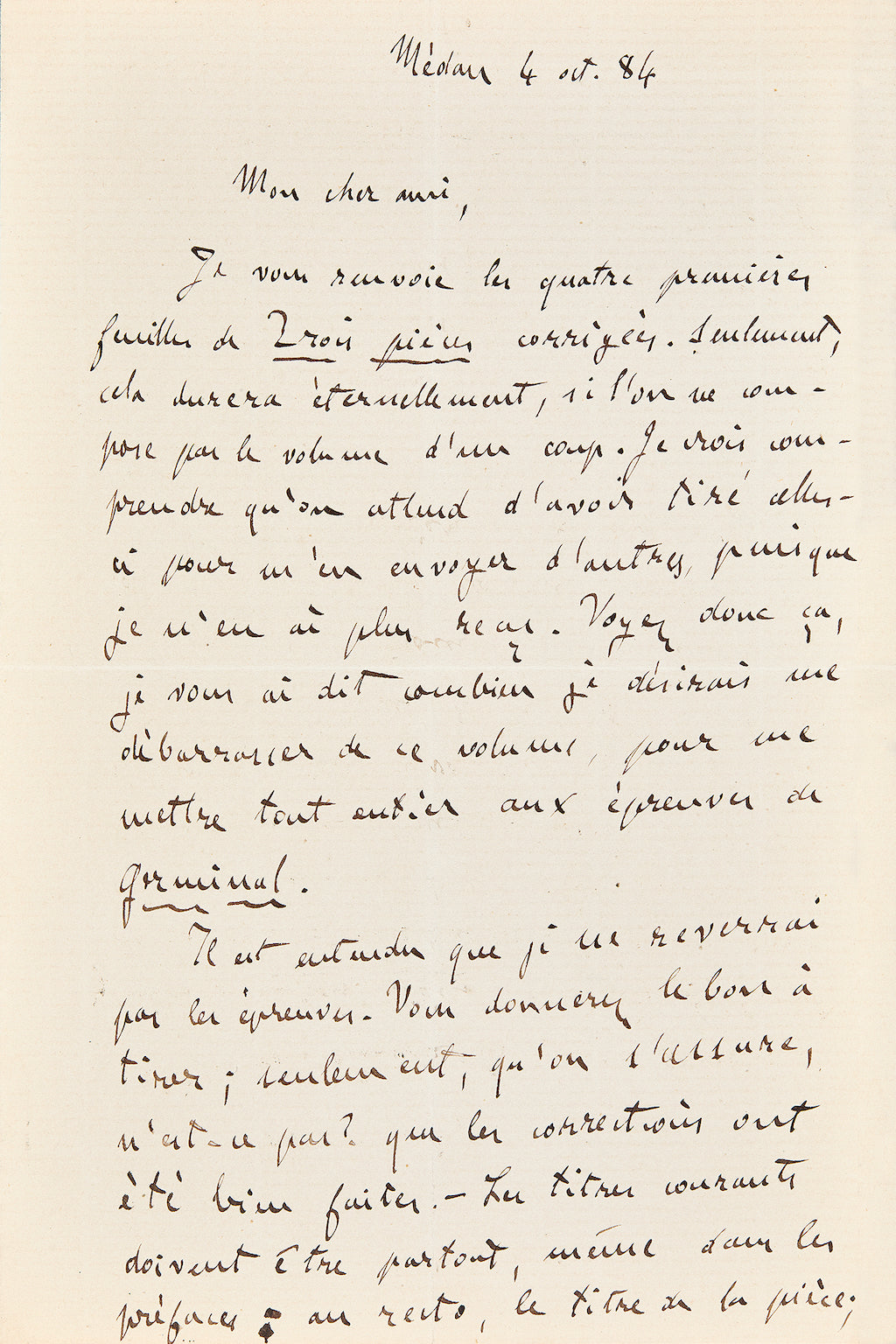 Lettre autographe Émile Zola à Charpentier au sujet de Germinal