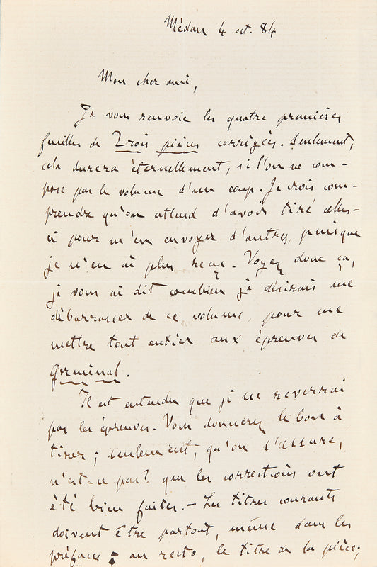 Lettre autographe Émile Zola à Charpentier au sujet de Germinal