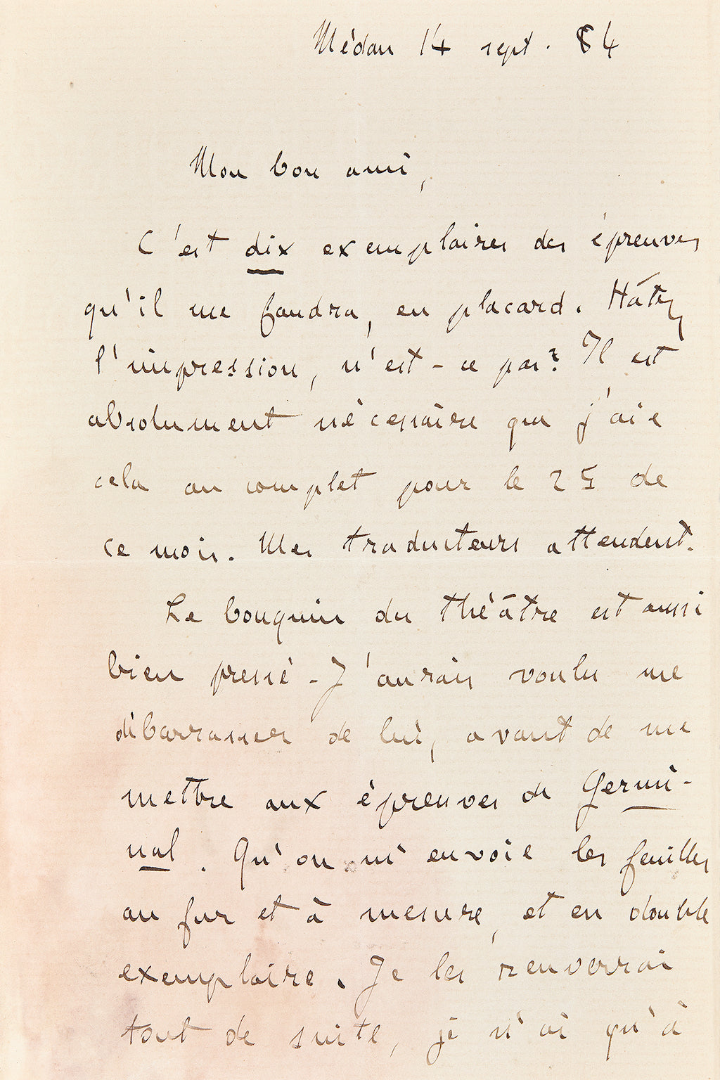 Lettre autographe signée d'Émile Zola à Charpentier au sujet de Germinal