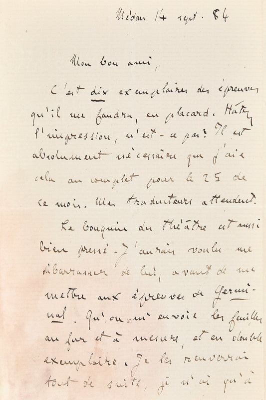Lettre autographe signée d'Émile Zola à Charpentier au sujet de Germinal
