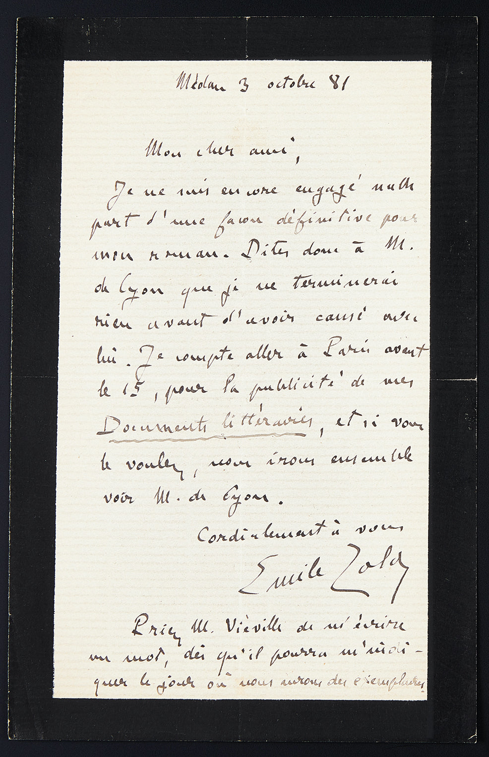 Lettre autographe Émile Zola à son éditeur Charpentier au sujet de Pot-bouille