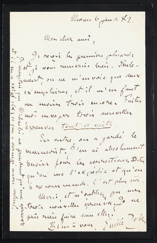 Lettre autographe signée Émile Zola à son éditeur Charpentier au sujet de Pot-bouille