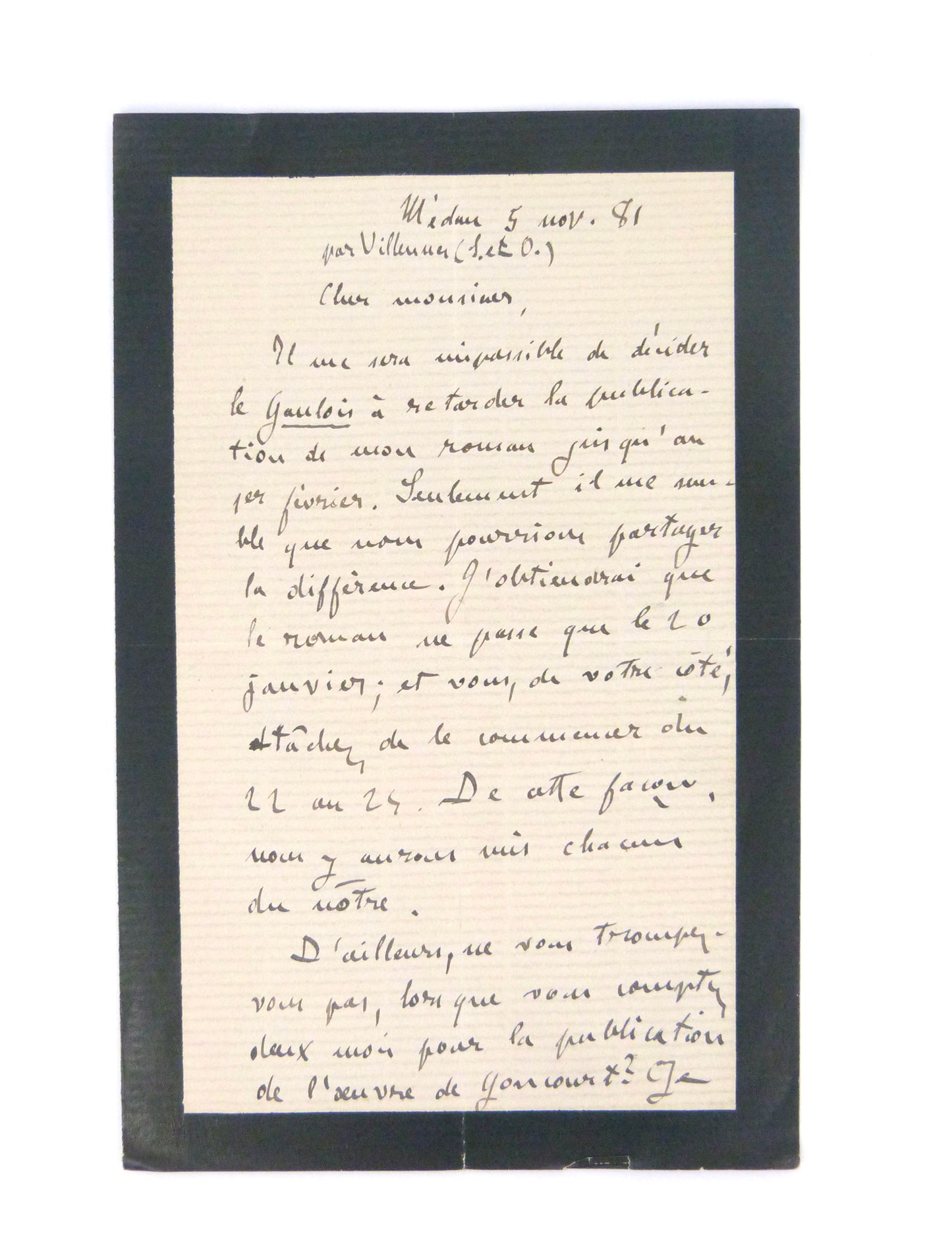 Lettre autographe Émile Zola à Hugo Wittmann au sujet de Pot-bouille