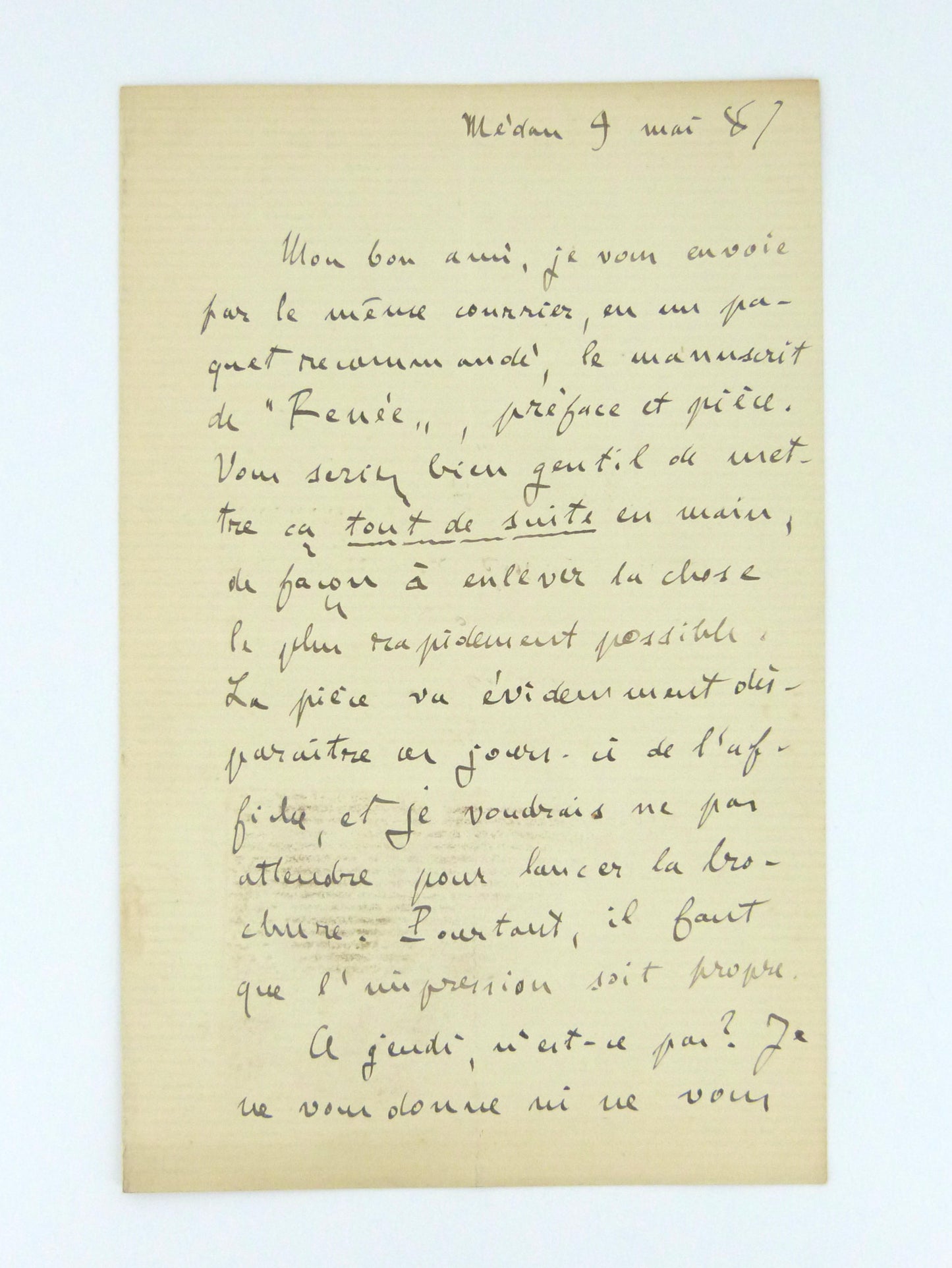 Lettre autographe Émile Zola à Charpentier au sujet de Renée