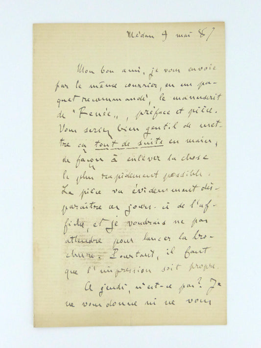 Lettre autographe Émile Zola à Charpentier au sujet de Renée