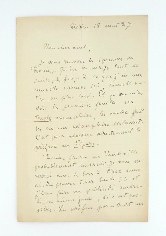 Lettre autographe Émile Zola à Charpentier au sujet de Renée