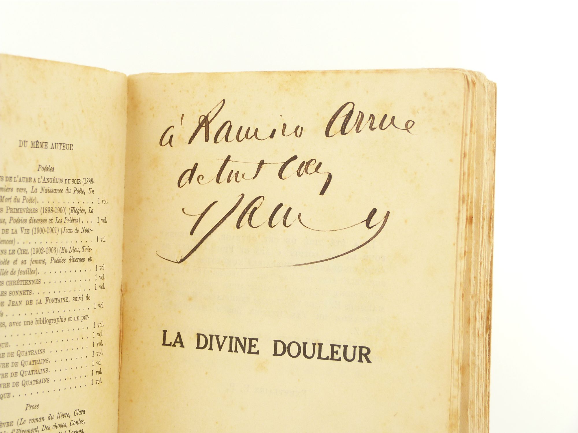 Détail de l'envoi autographe de l'édition originale de La divine couleur de Francis Jammes