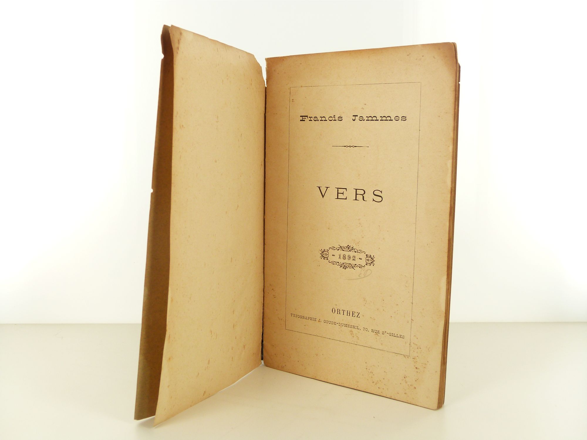 Page de titre de l'édition originale de Vers par Francis Jammes (1892)