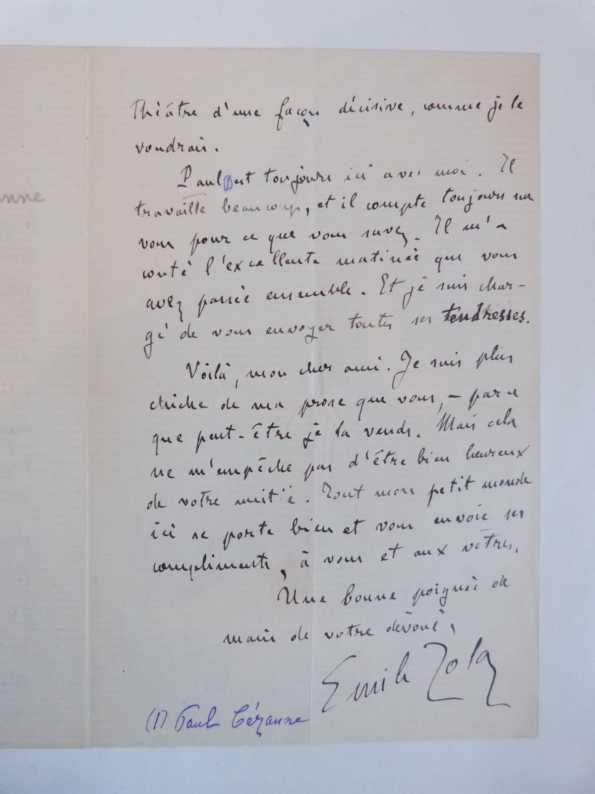 Lettre autographe signée d'Emile Zola sur Nana et Paul Cézanne