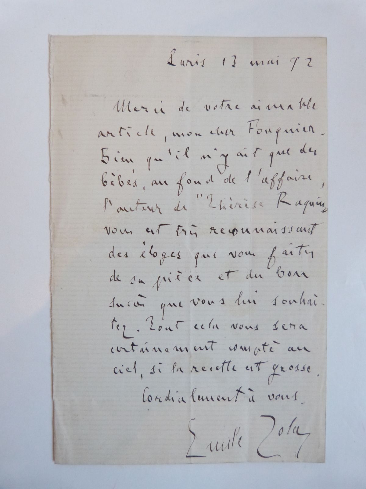 Lettre autographe signée d'Emile Zola