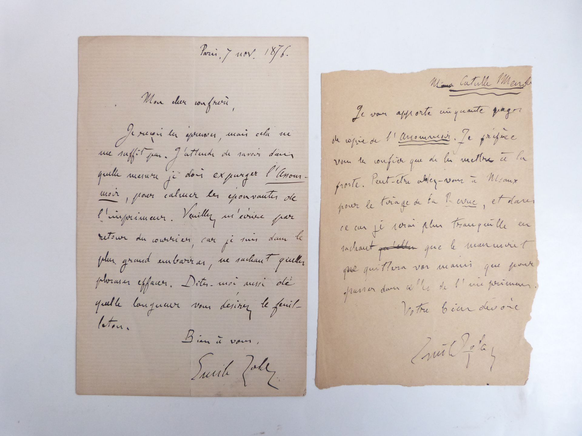 Deux lettres manuscrites signée d'Emile Zola 