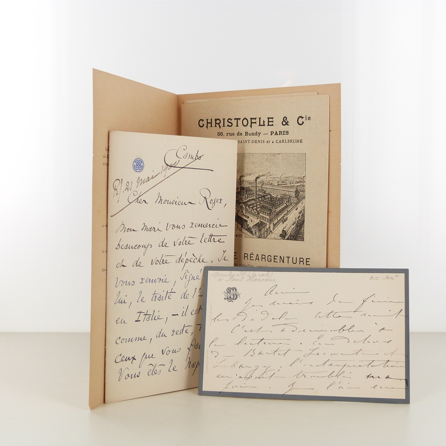 Lettres autographes signées de Rosemonde Gérard et Sarah Bernhardt